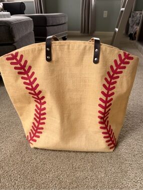 Baseball Beige Jute Tote Bag with Red Stitch Accent - Women Bags